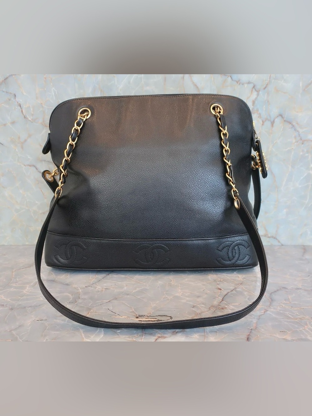 Authentic CHANEL triple CC black caviar leather shopping tote